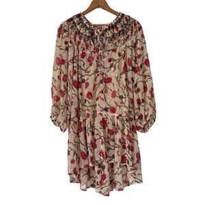Free People Floral Tunic Top Womens XS Boho Fairy Sheer Smocked Chiffon Romantic